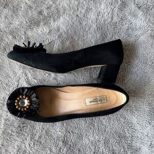 LK Bennett London Black Suede Block Heel Pumps Raffia Floral 8.5 Spain